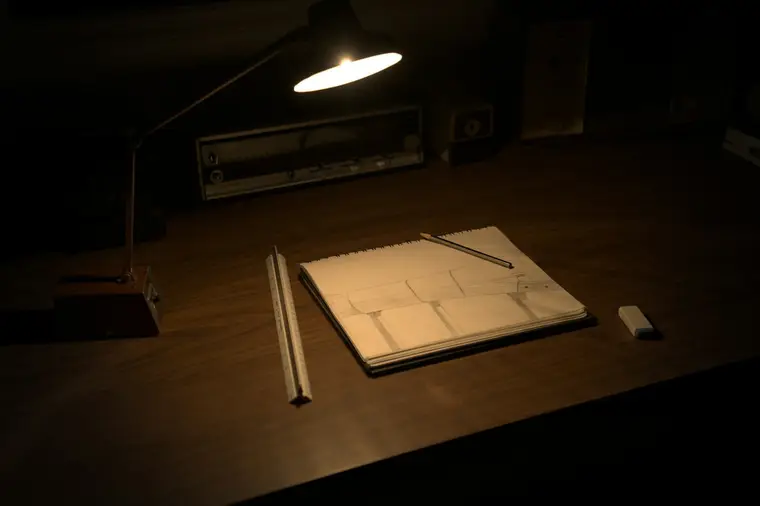 Notes pod lampką na biurku nocą